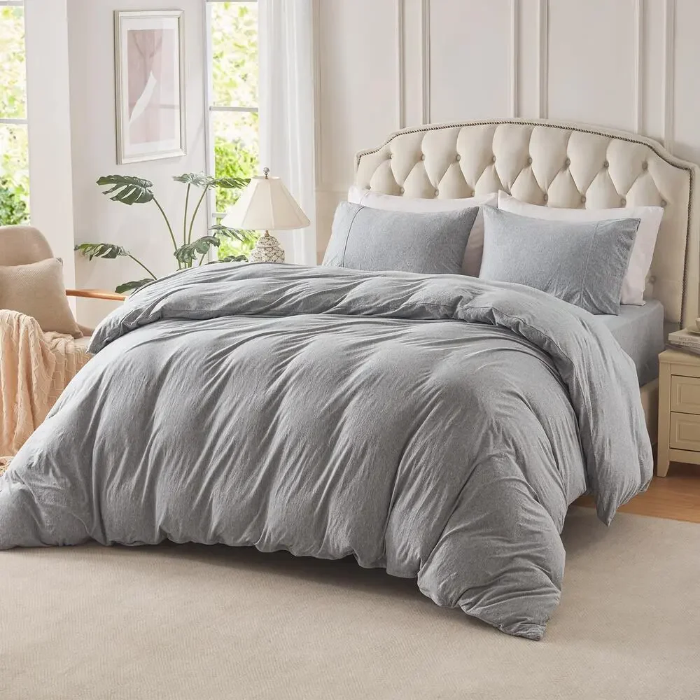PURE ERA Jersey Knit Duvet Cover Set 100% Cotton 3pc Bedding Heather Grey Full